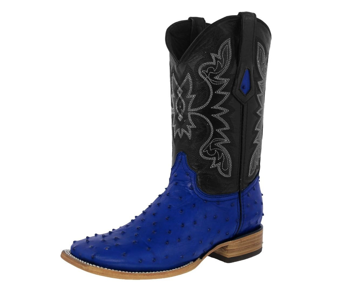 Blue Ostrich Quill Print Leather Square Toe Cowboy Boots L75777