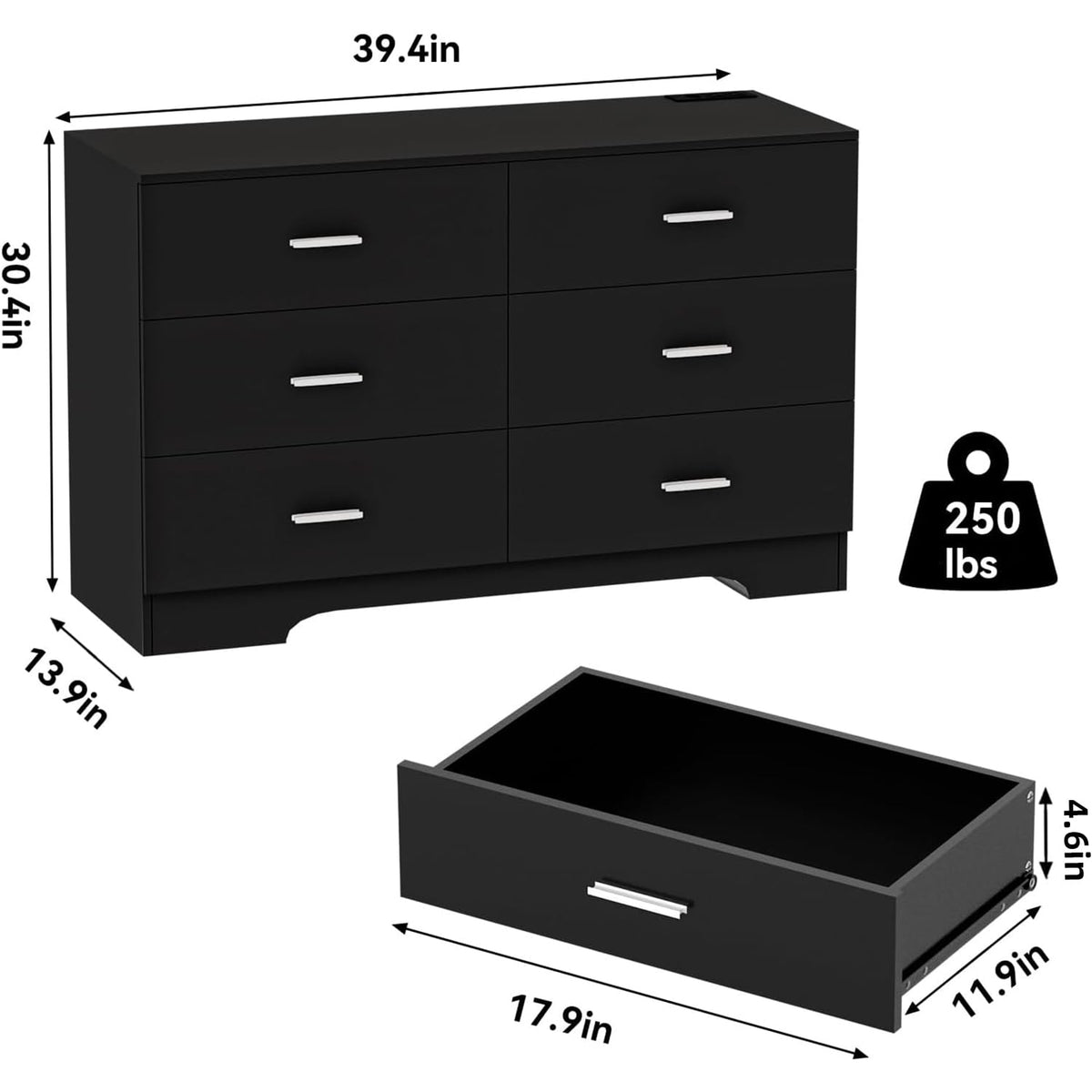 Black 6 Drawer Wood Dresser with Power Outlets M865