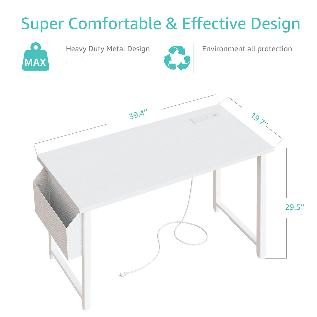 White 40 inch Computer Desk with Power Outlet and Storage Pocket O358116