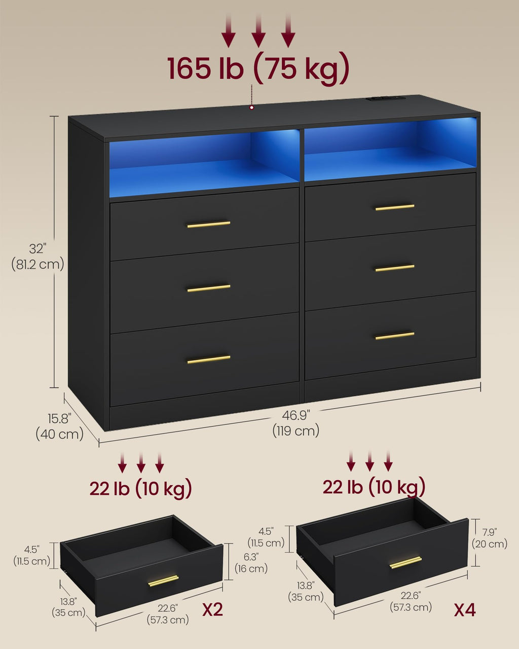 6 Drawer Dresser with LED Lights and Power Strip A604521