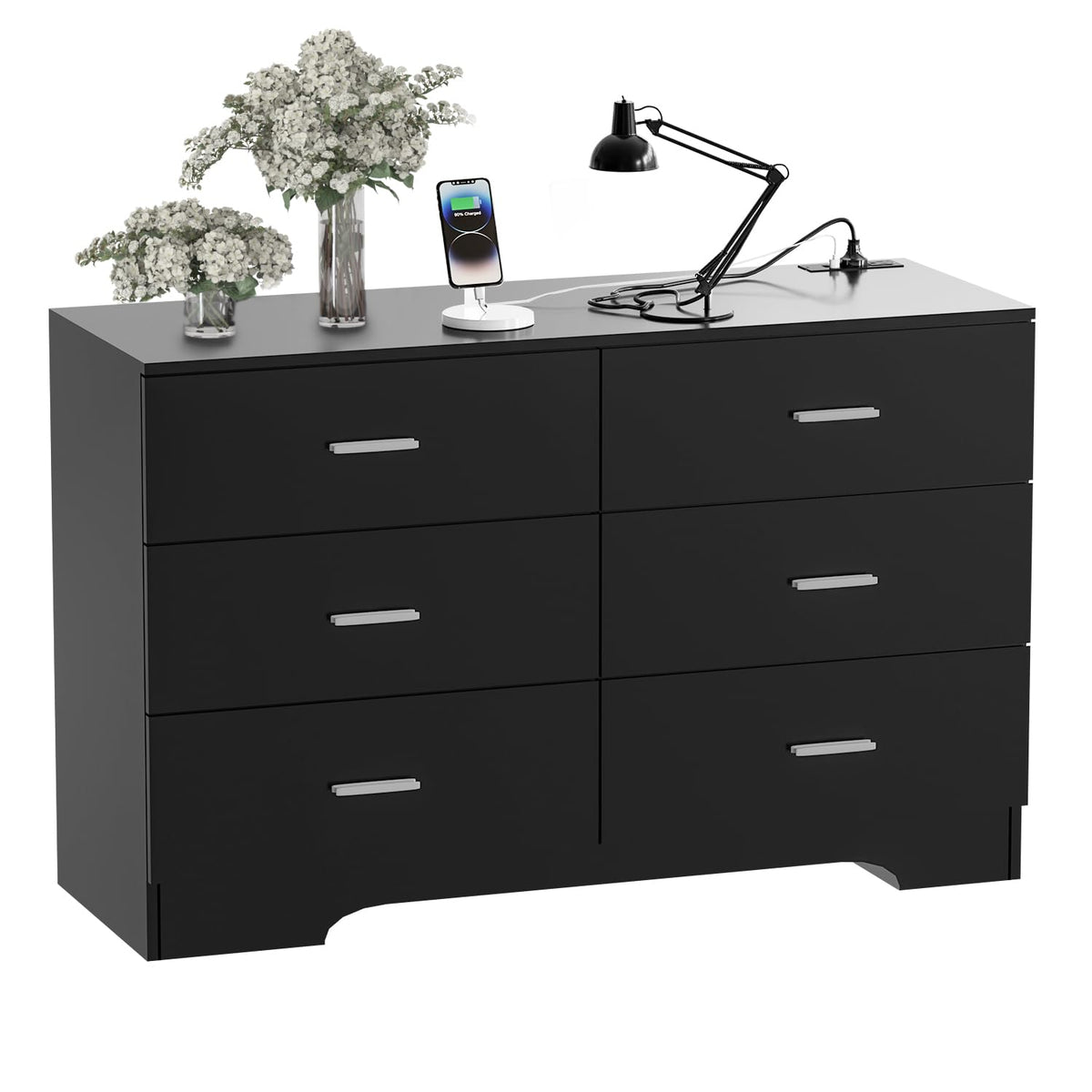 Black 6 Drawer Wood Dresser with Power Outlets M865
