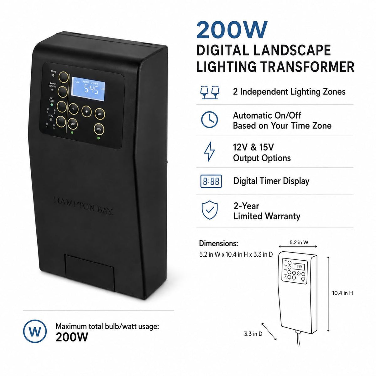 200W Low Voltage Landscape Lighting Transformer Black E85833