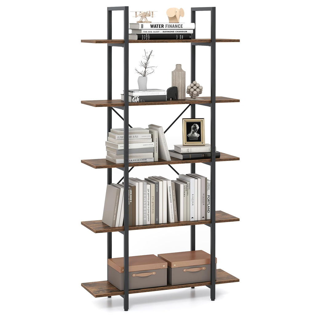 5-Tier Rustic Brown Bookshelf with Metal Frame H64474