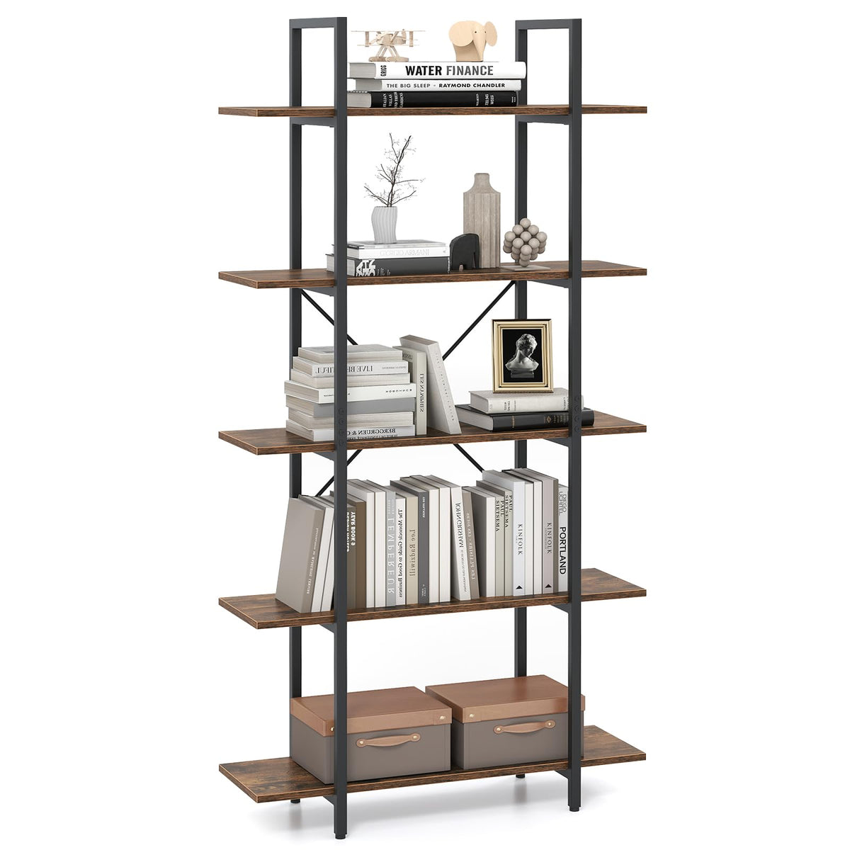 5-Tier Rustic Brown Bookshelf with Metal Frame H64474