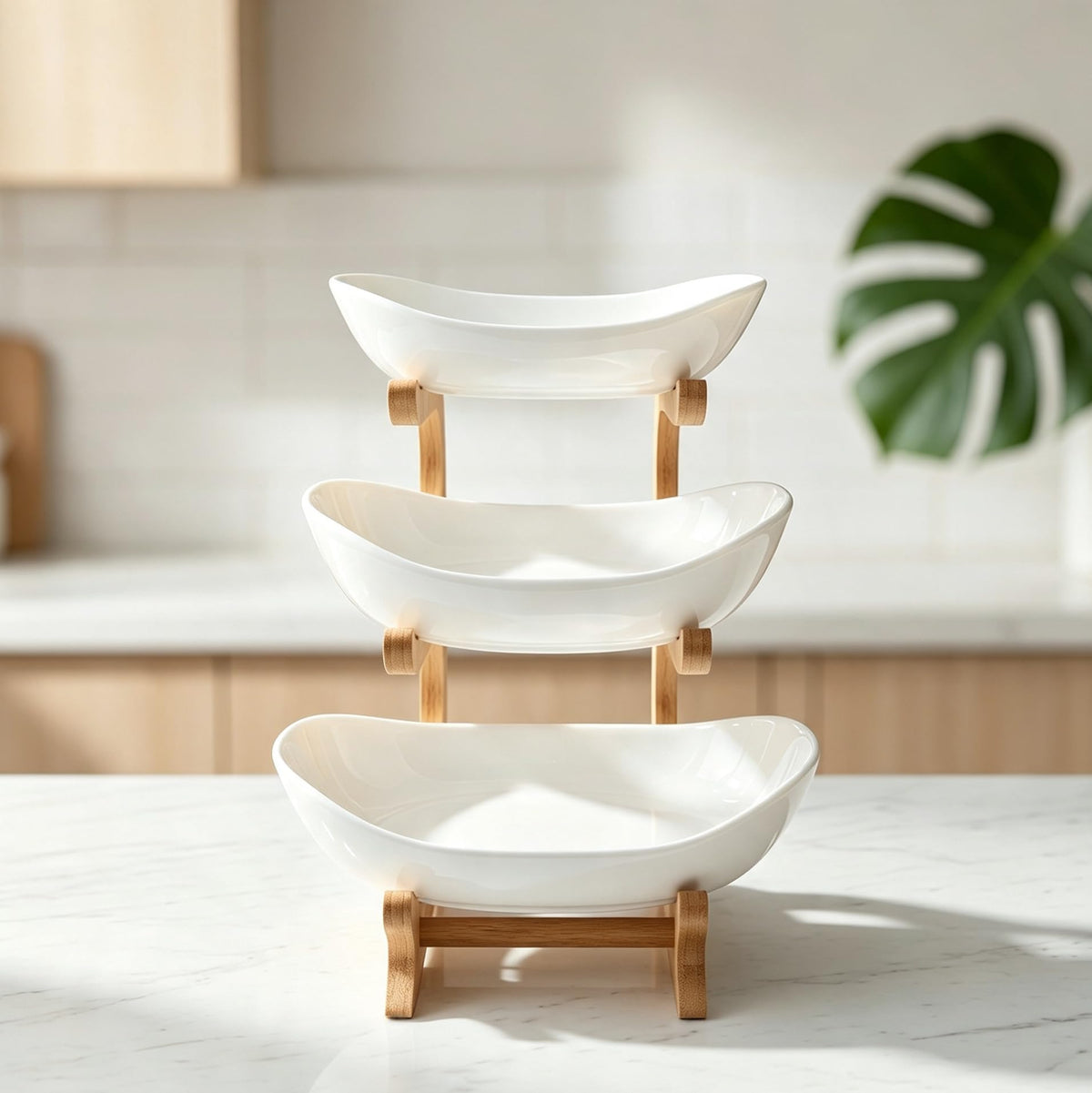 3-Tier Ceramic Fruit Bowl with Bamboo Stand I888261