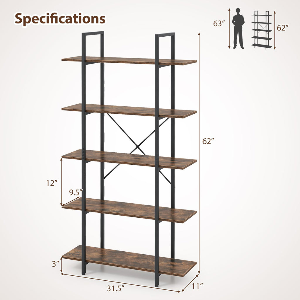 5-Tier Rustic Brown Bookshelf with Metal Frame H64474