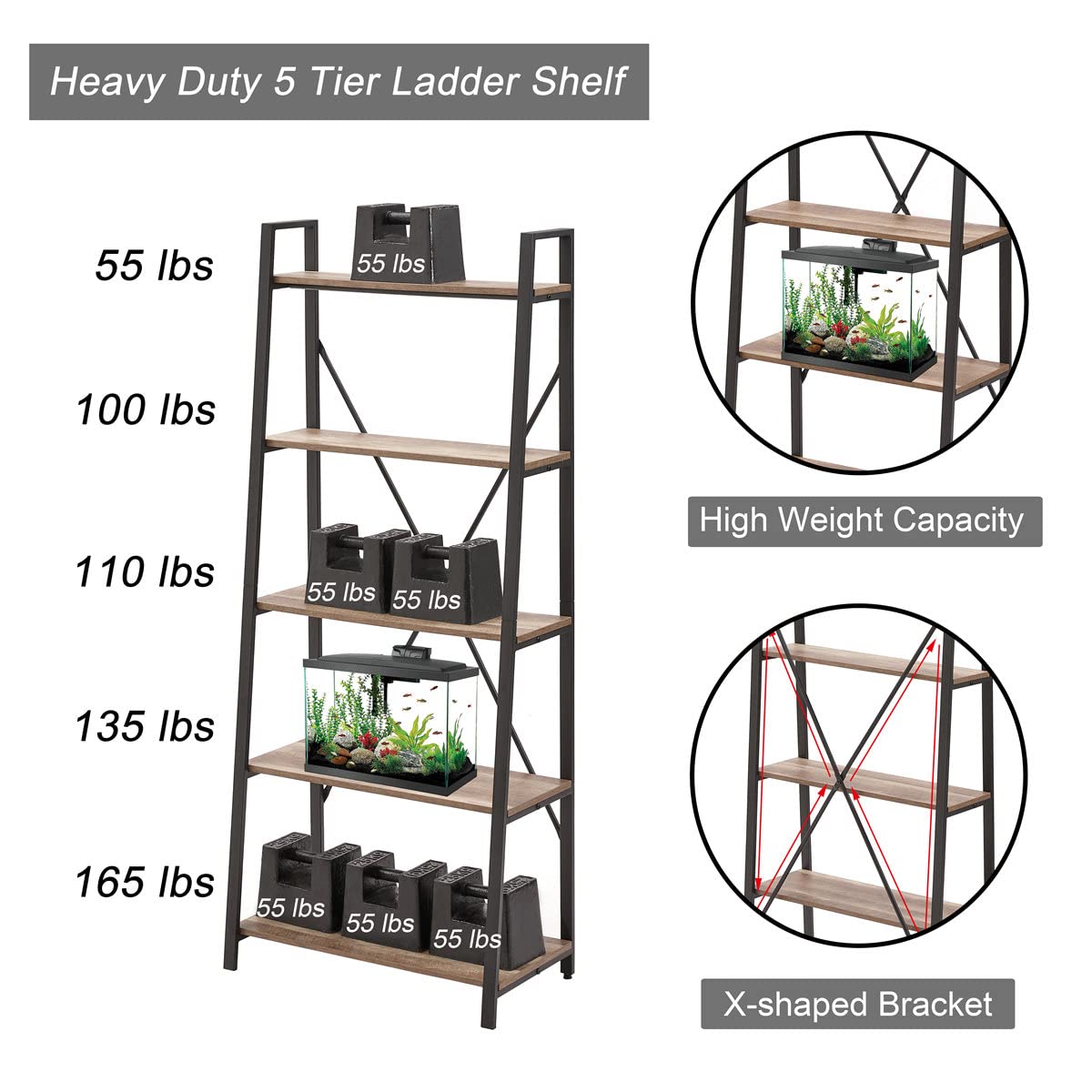 5 Tier Wood and Metal Ladder Bookshelf K567271