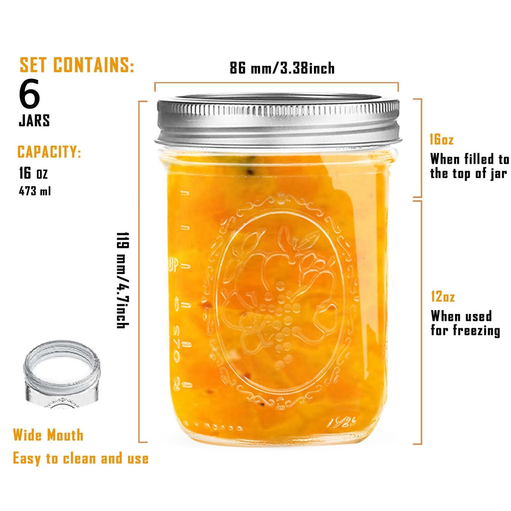 16 oz Wide Mouth Glass Mason Jars with Lids, 6 Pack O928