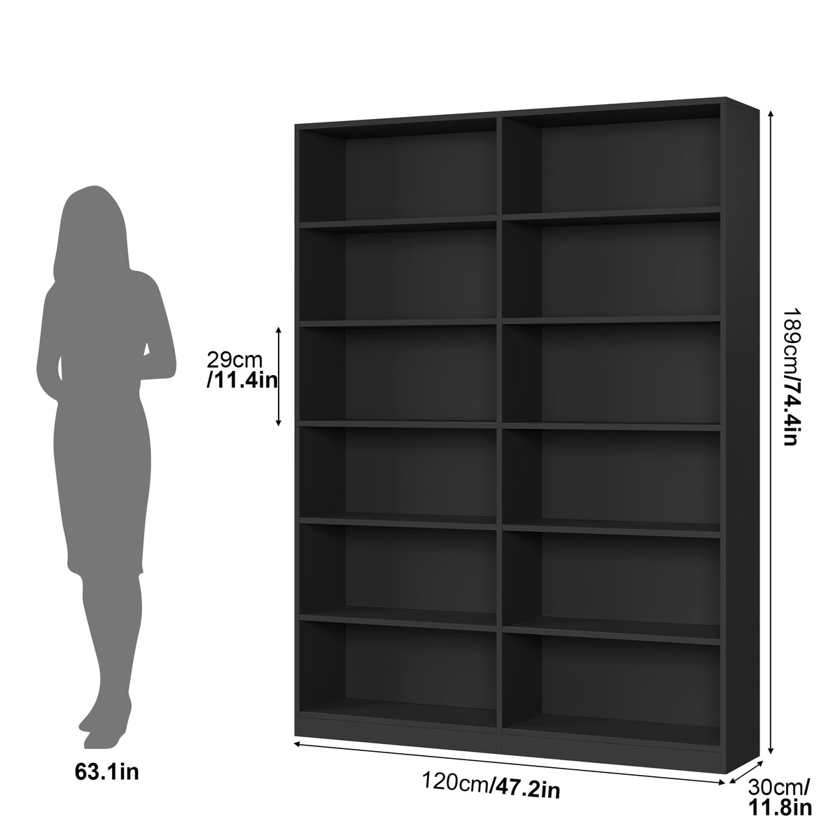 Black 6-Tier Double Wide Bookshelf K2147