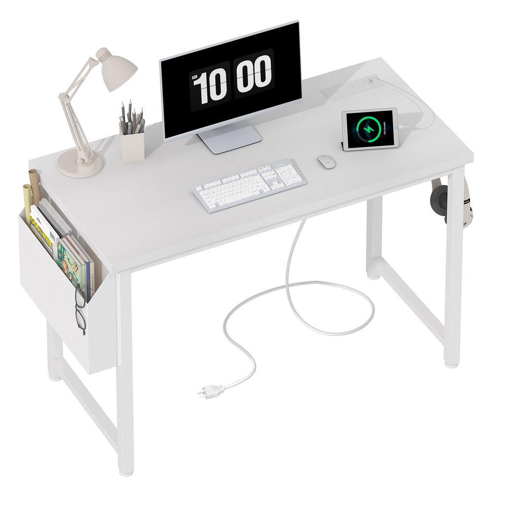 White 40 inch Computer Desk with Power Outlet and Storage Pocket O358116
