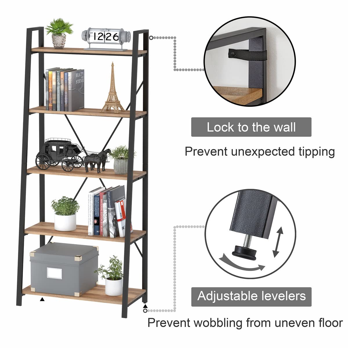 5 Tier Wood and Metal Ladder Bookshelf K567271