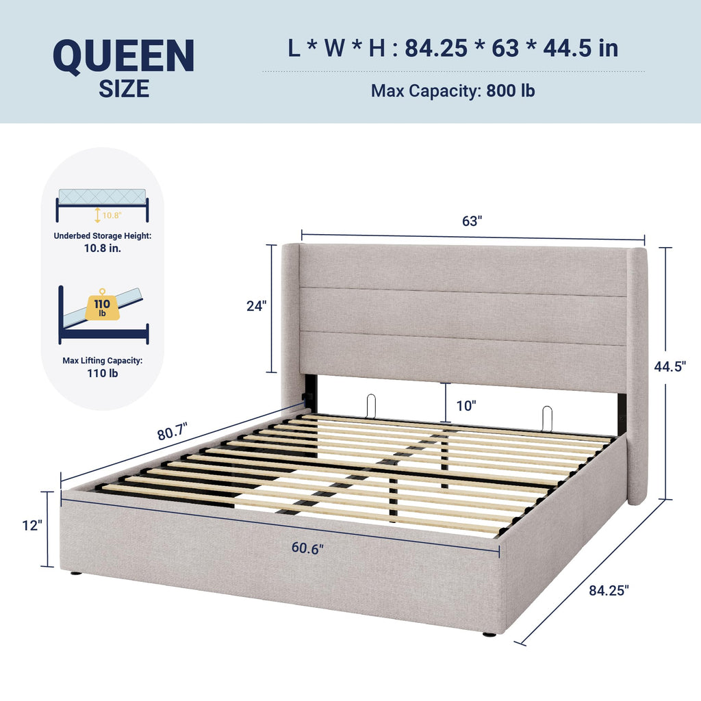 Queen Size Lift Up Storage Bed Frame Light Beige H10848