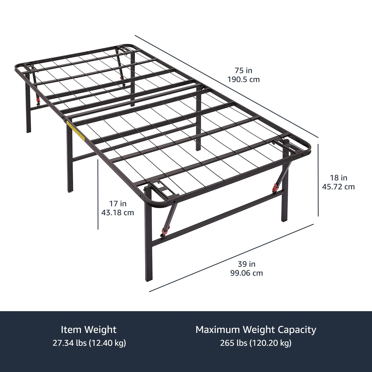 Foldable Metal Platform Bed Frame, 18 Inches High, Twin Size, Black W234594