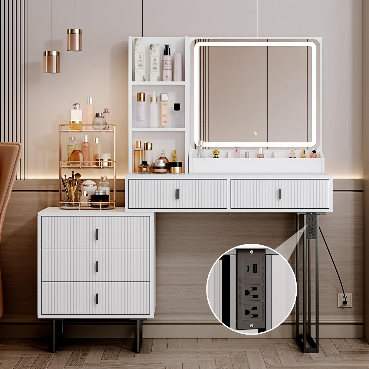 White Vanity Desk with Mirror and 5 Sliding Drawers I665