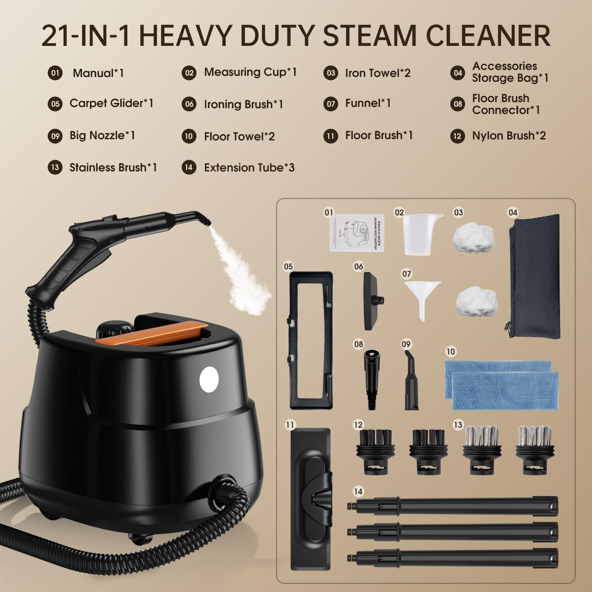 21-in-1 Chemical-Free Steam Cleaner with 3-Level Adjustment N106374