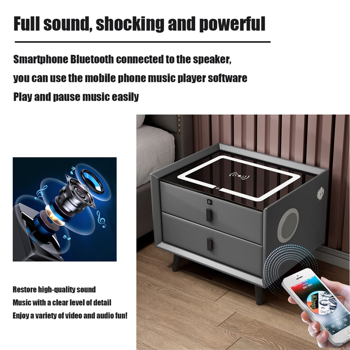 White 3 Drawer Nightstand with Wireless Charging and LED Lights P7597