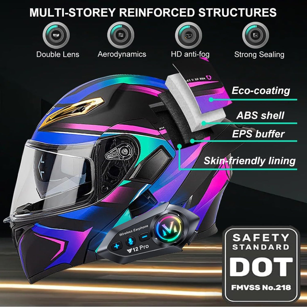 DOT Approved Flip Up Full Face Bluetooth Motorcycle Helmet R246895