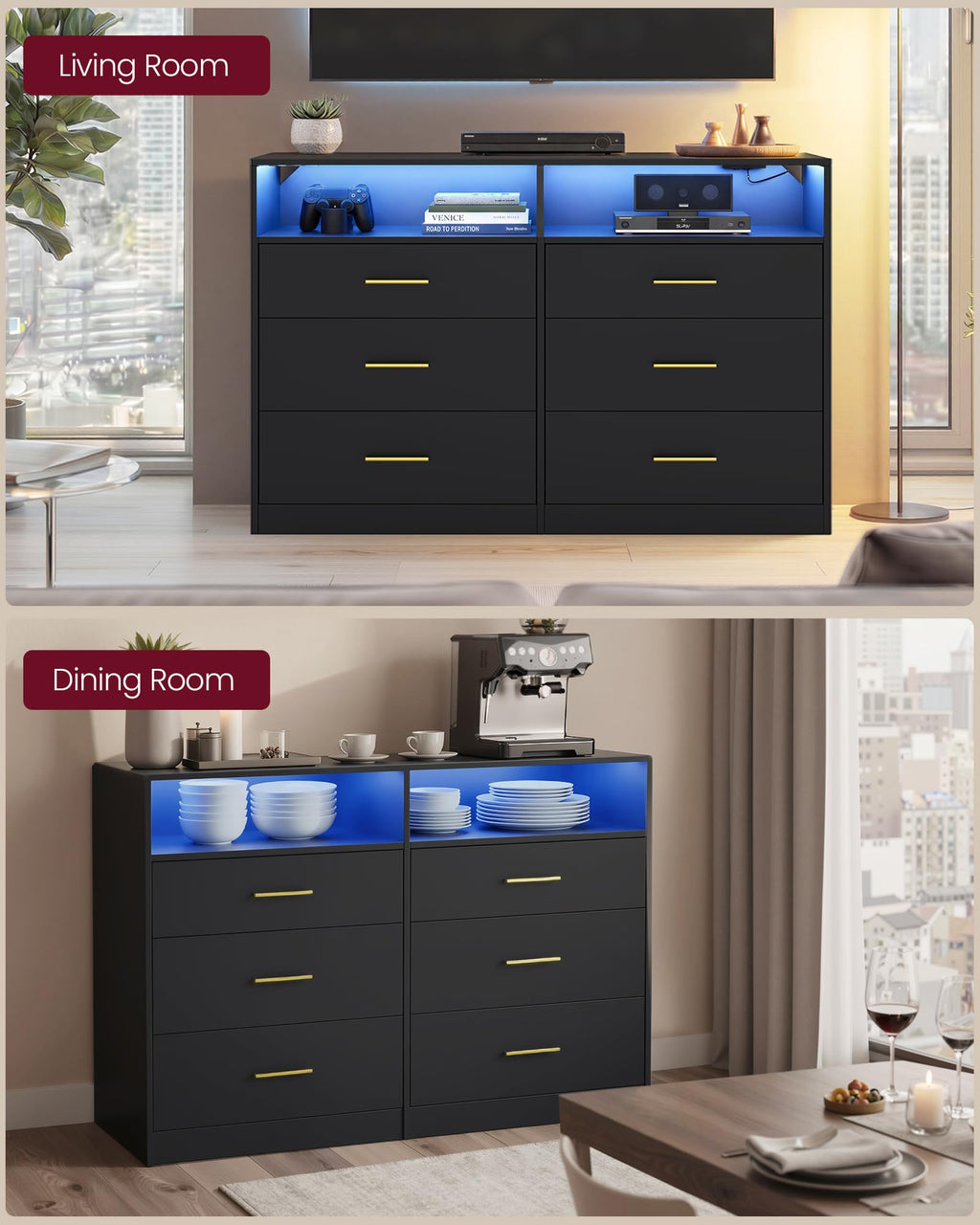 6 Drawer Dresser with LED Lights and Power Strip A604521