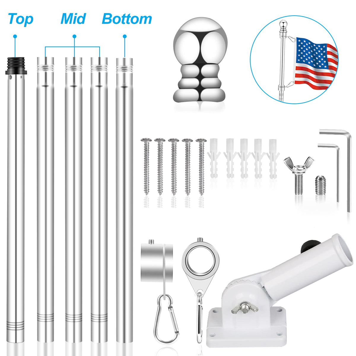 6 FT Metal Flagpole Kit and Stainless Steel Flagpole Clips W625