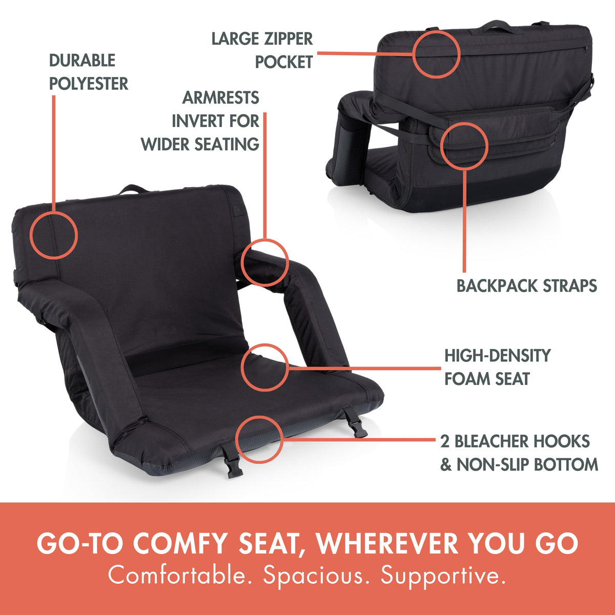 Portable Reclining Stadium Seat with Back Support, Black W38950