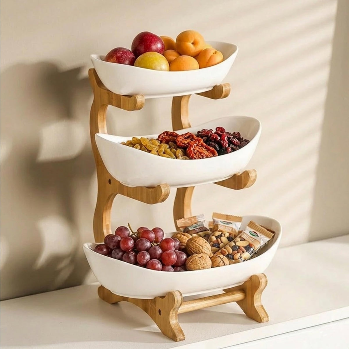 3-Tier Ceramic Fruit Bowl with Bamboo Stand I888261