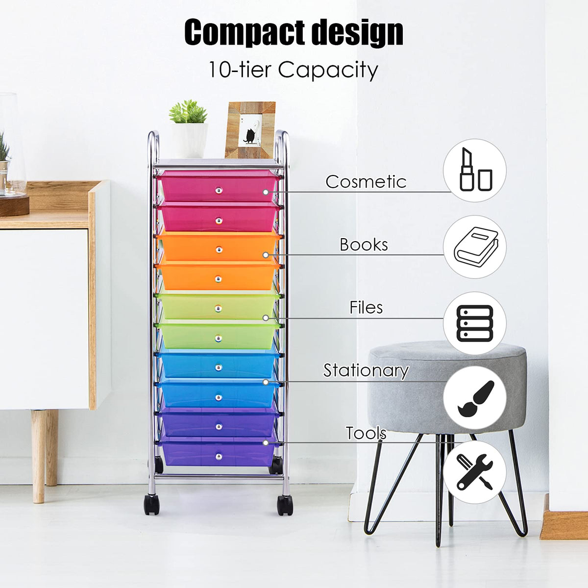 Rolling Storage Cart with 10 Drawers, Utility Cart with Wheels V965