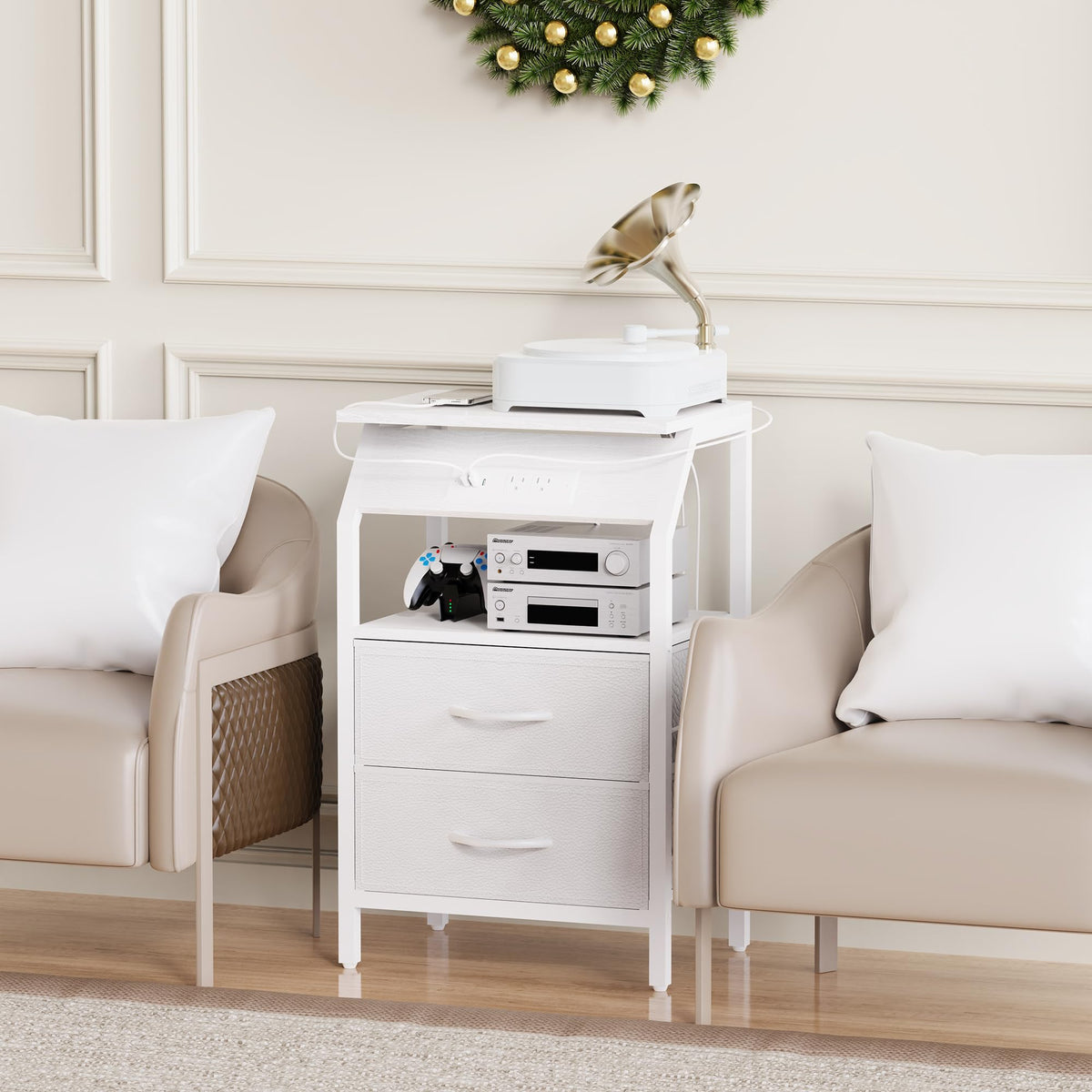 End Table with LED Lights, 2 Fabric Drawers and Charging Station Y653367