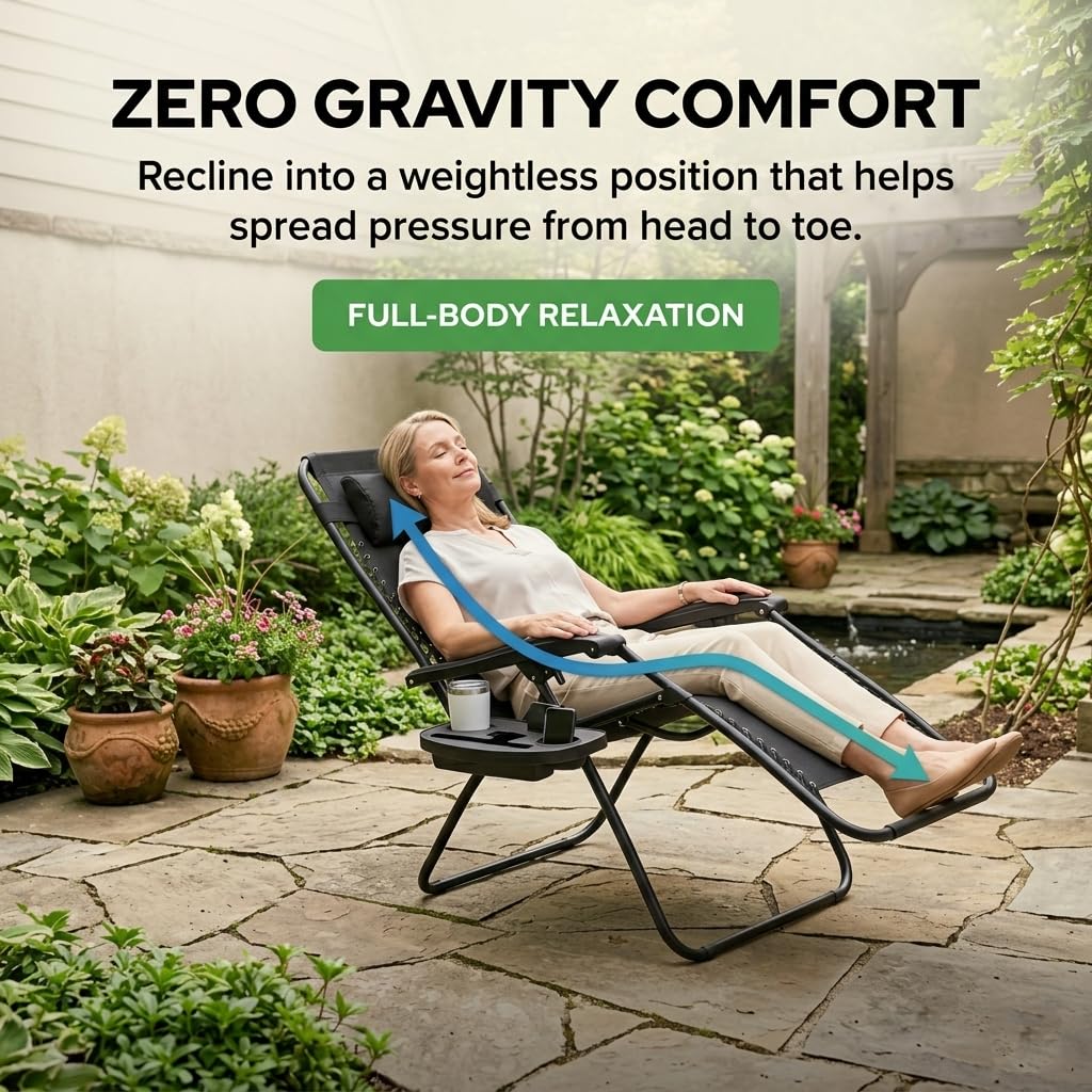 Black Zero Gravity Lounge Chair with Pillow & Cup Holder G66363