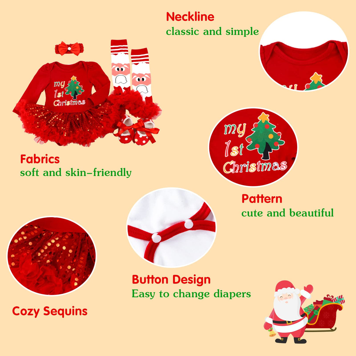 Baby Girls First Christmas Outfit Newborn Romper Tutu Dress with Shoes Headband Leg Warmer Z796002