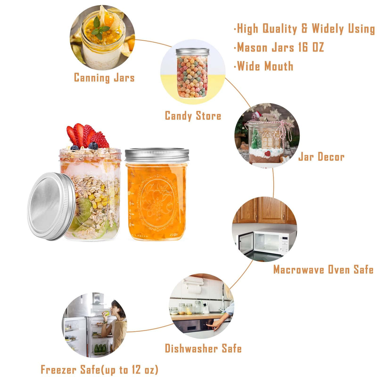 16 oz Wide Mouth Glass Mason Jars with Lids, 6 Pack O928
