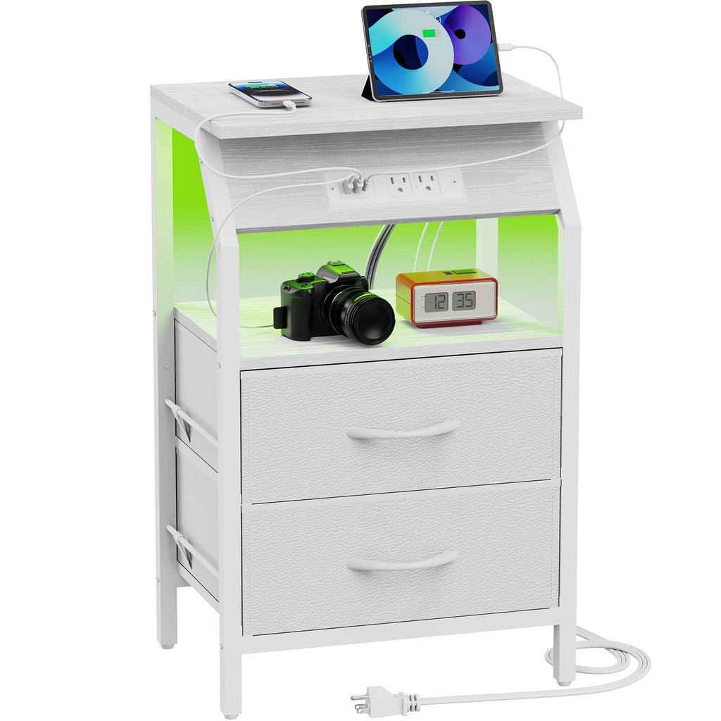 End Table with LED Lights, 2 Fabric Drawers and Charging Station Y653367