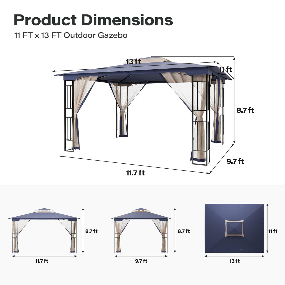 13' x 11' Navy Blue Outdoor Patio Gazebo with Mosquito Netting U736