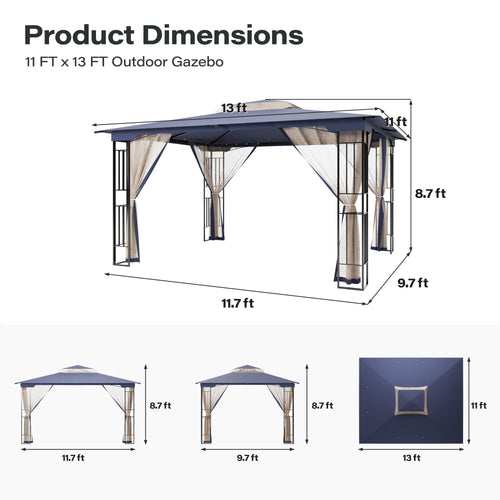 13' x 11' Navy Blue Outdoor Patio Gazebo with Mosquito Netting U736
