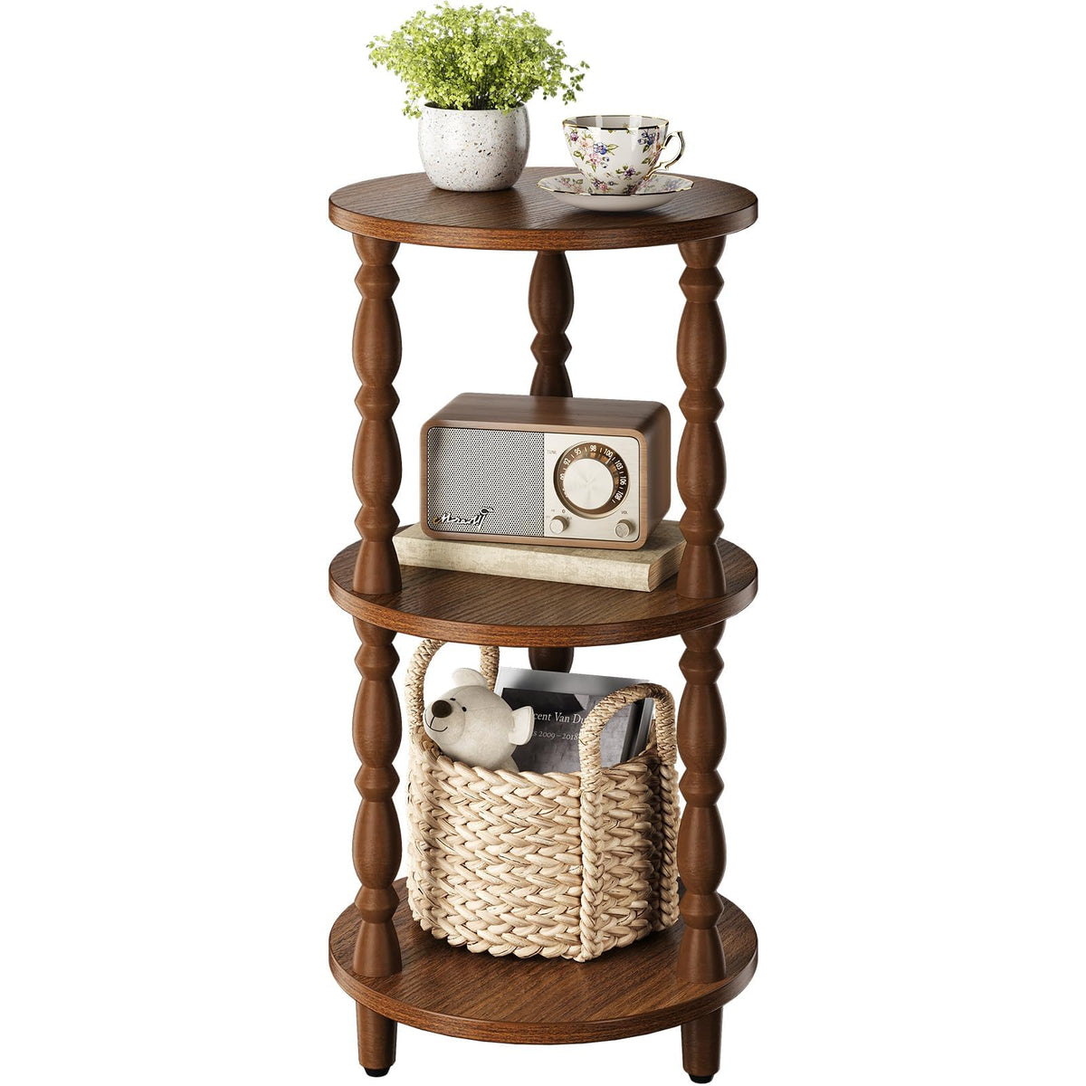 Small Round 3-Tier Wood Side Table with Storage Shelf Y7886