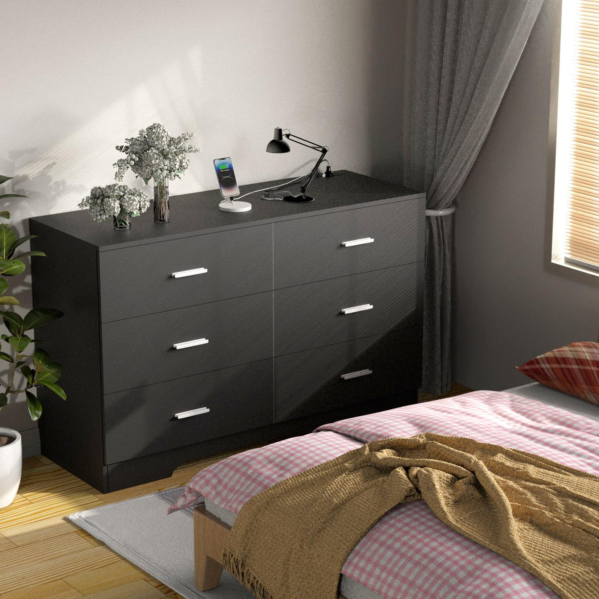 Black 6 Drawer Wood Dresser with Power Outlets M865