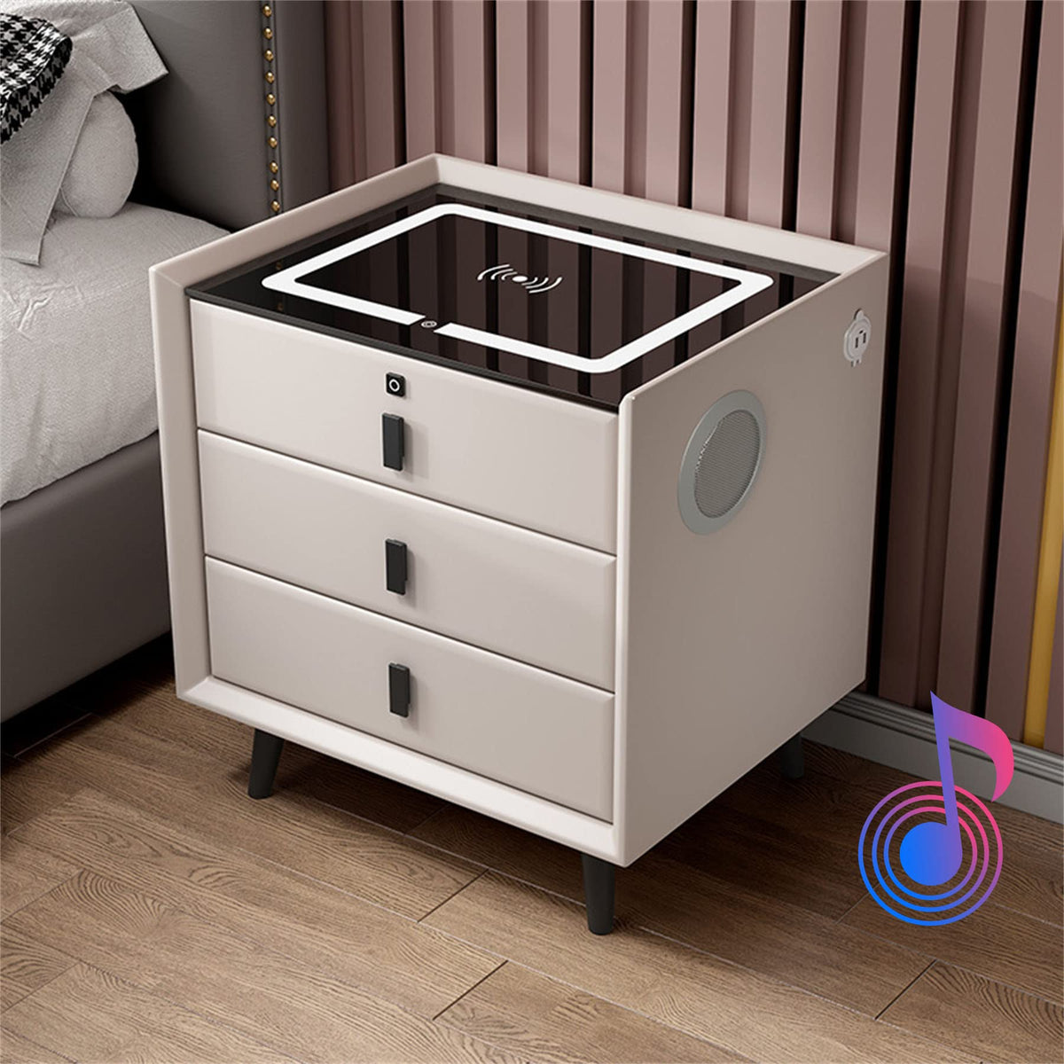 White 3 Drawer Nightstand with Wireless Charging and LED Lights P7597