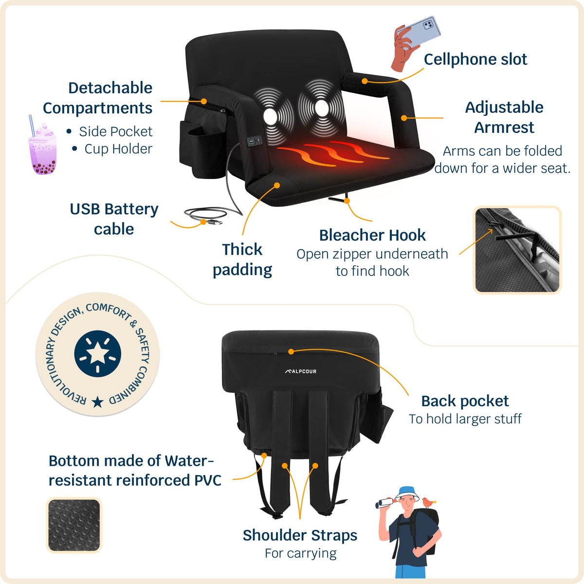 Heating Massage Reclining Stadium Seat with Arm Support K9378