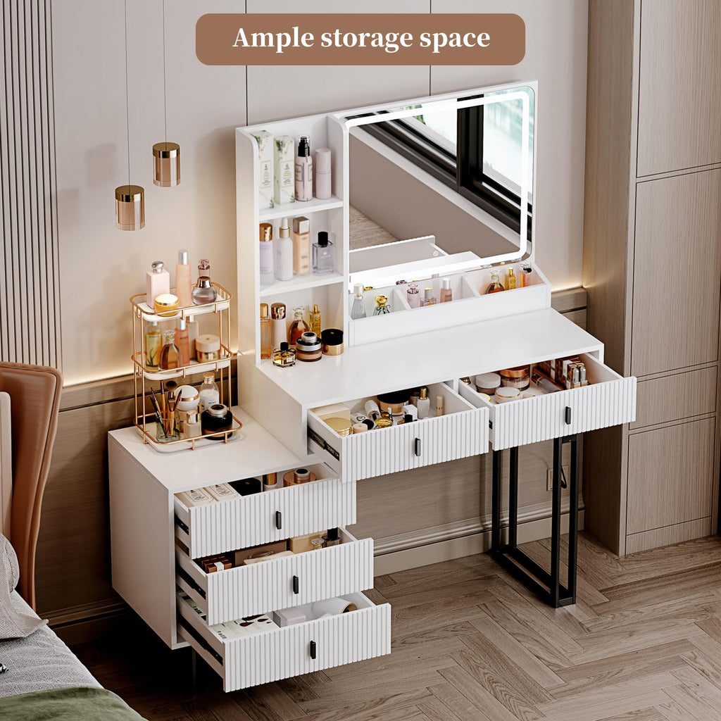 White Vanity Desk with Mirror and 5 Sliding Drawers I665