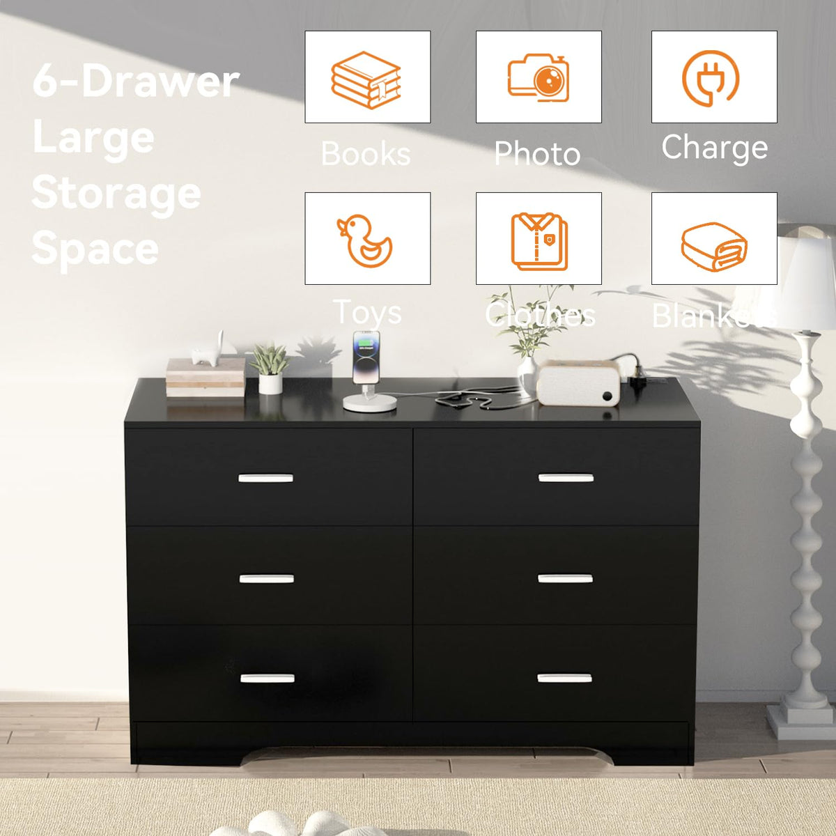 Black 6 Drawer Wood Dresser with Power Outlets M865