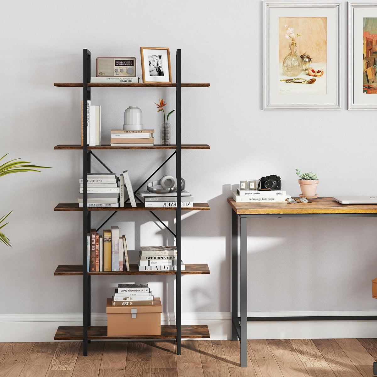 5-Tier Rustic Brown Bookshelf with Metal Frame H64474