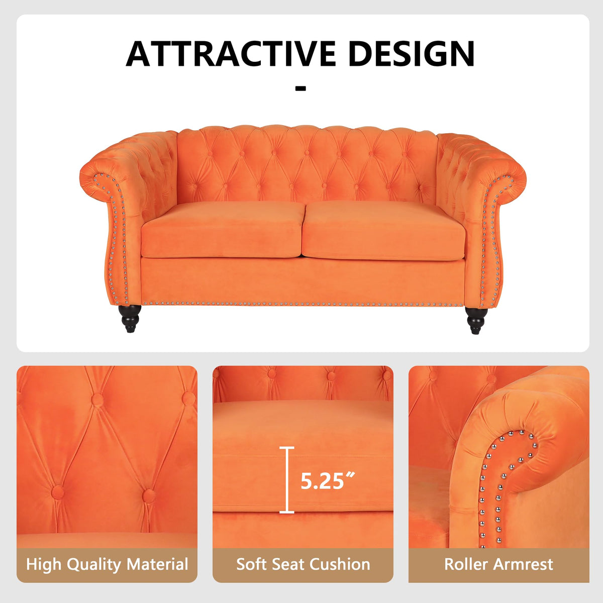 Orange Velvet Tufted Sofa Set T848458