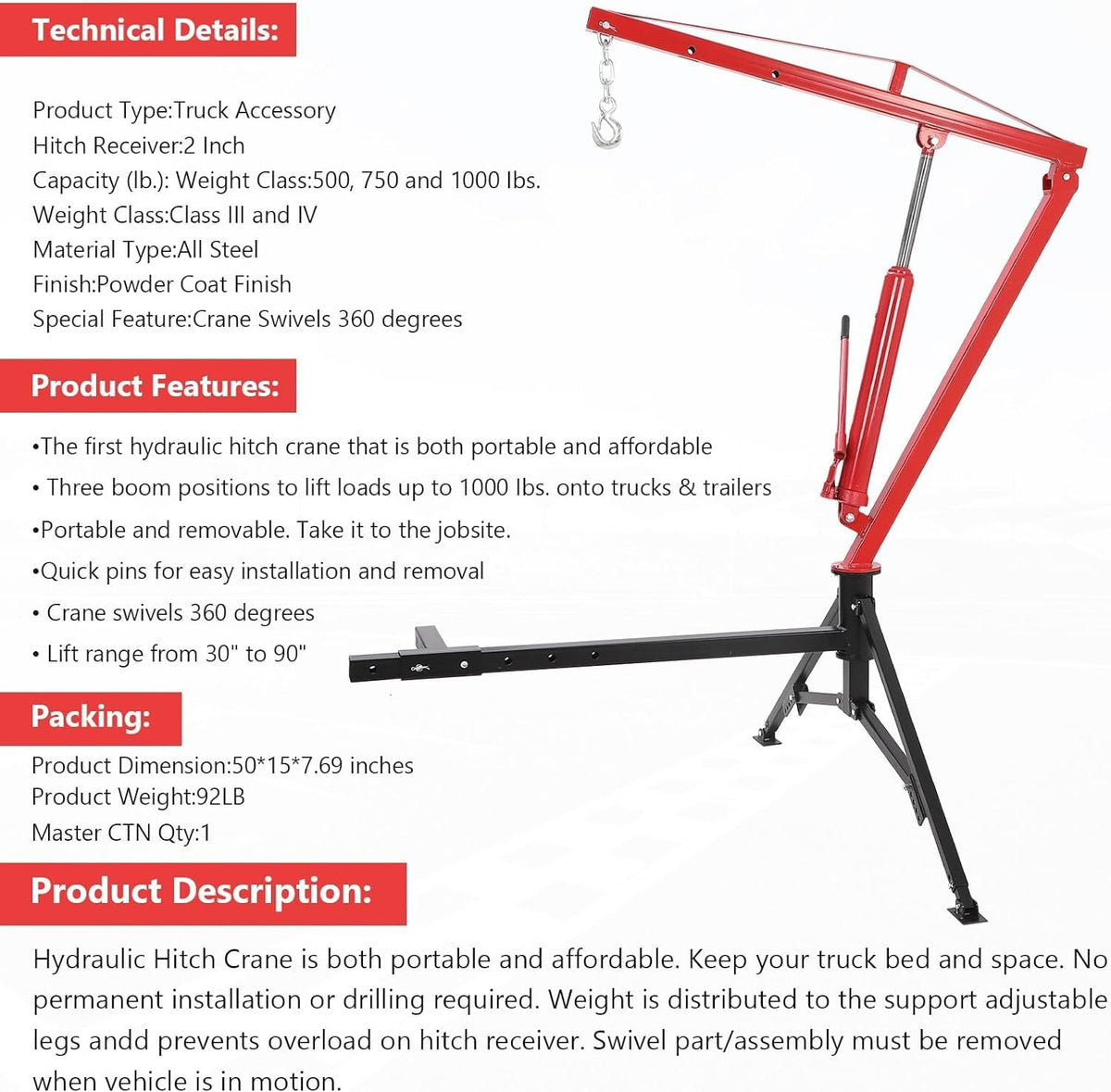 Hydraulic Pickup Truck Crane, 1000 Lbs Capacity, 360° Swivel, Red S2732