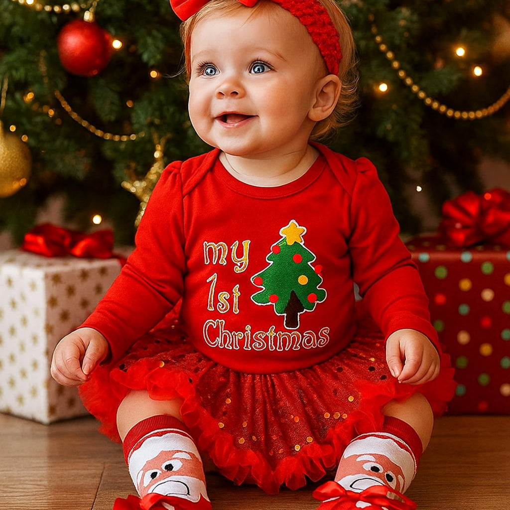 Baby Girls First Christmas Outfit Newborn Romper Tutu Dress with Shoes Headband Leg Warmer Z796002