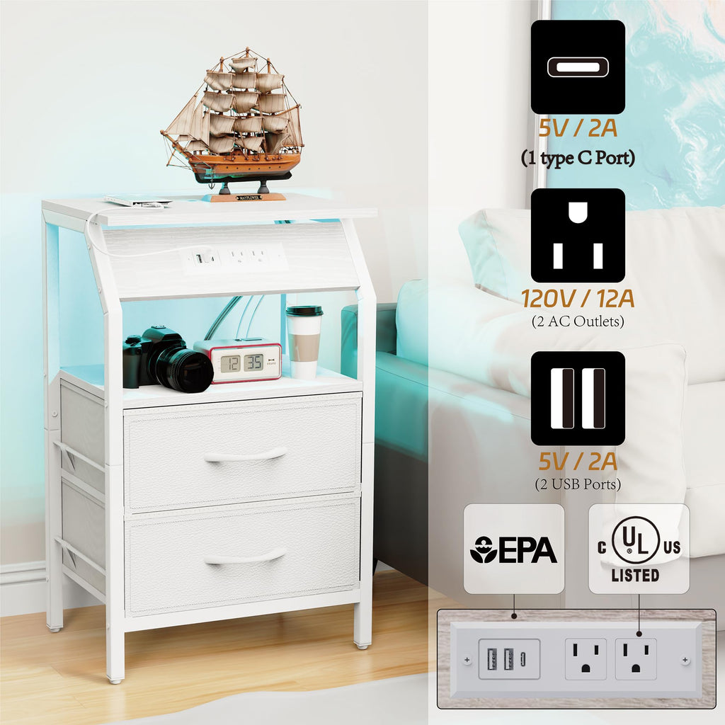 End Table with LED Lights, 2 Fabric Drawers and Charging Station Y653367