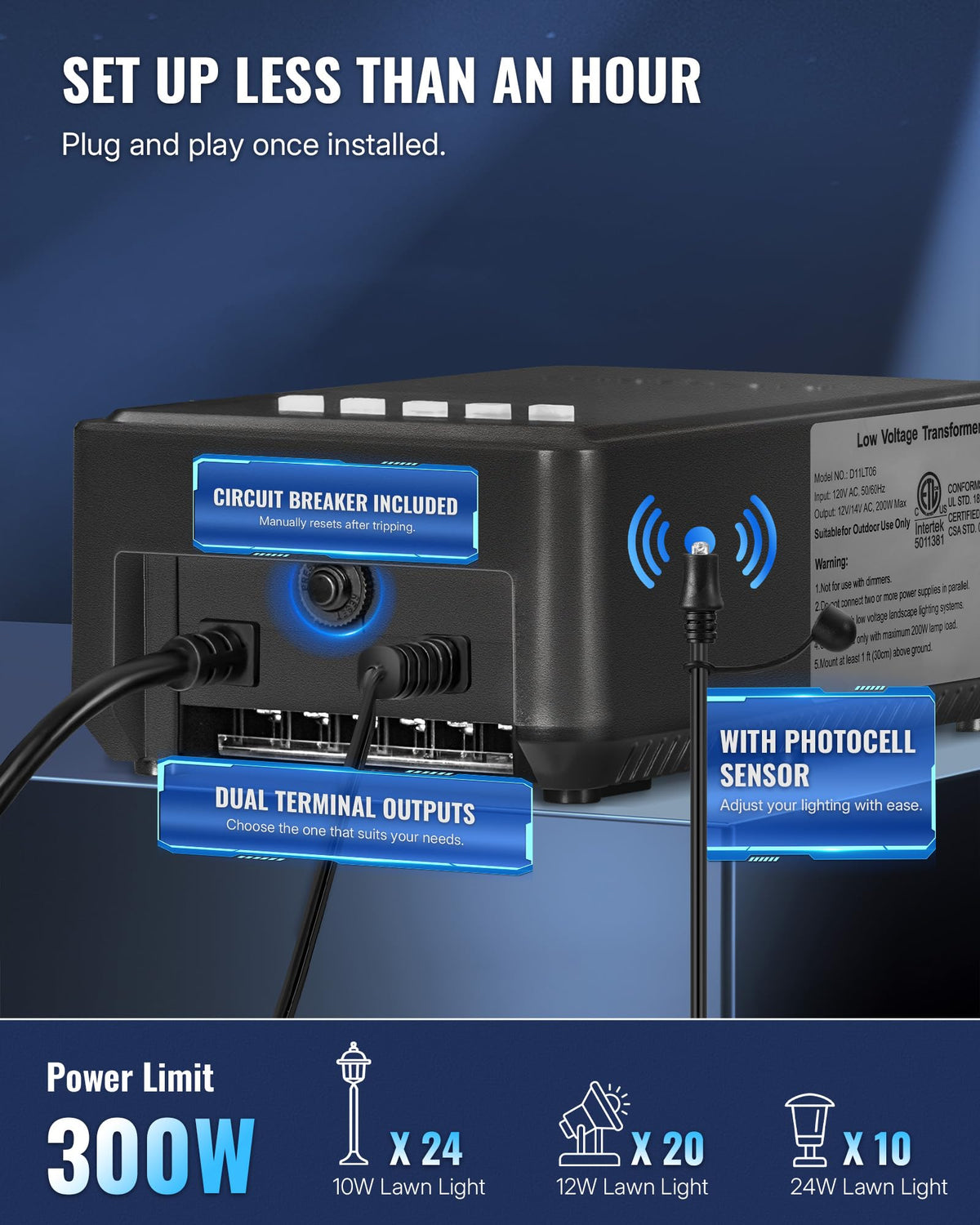300W Low Voltage Landscape Transformer with Timer and Photocell Sensor E823