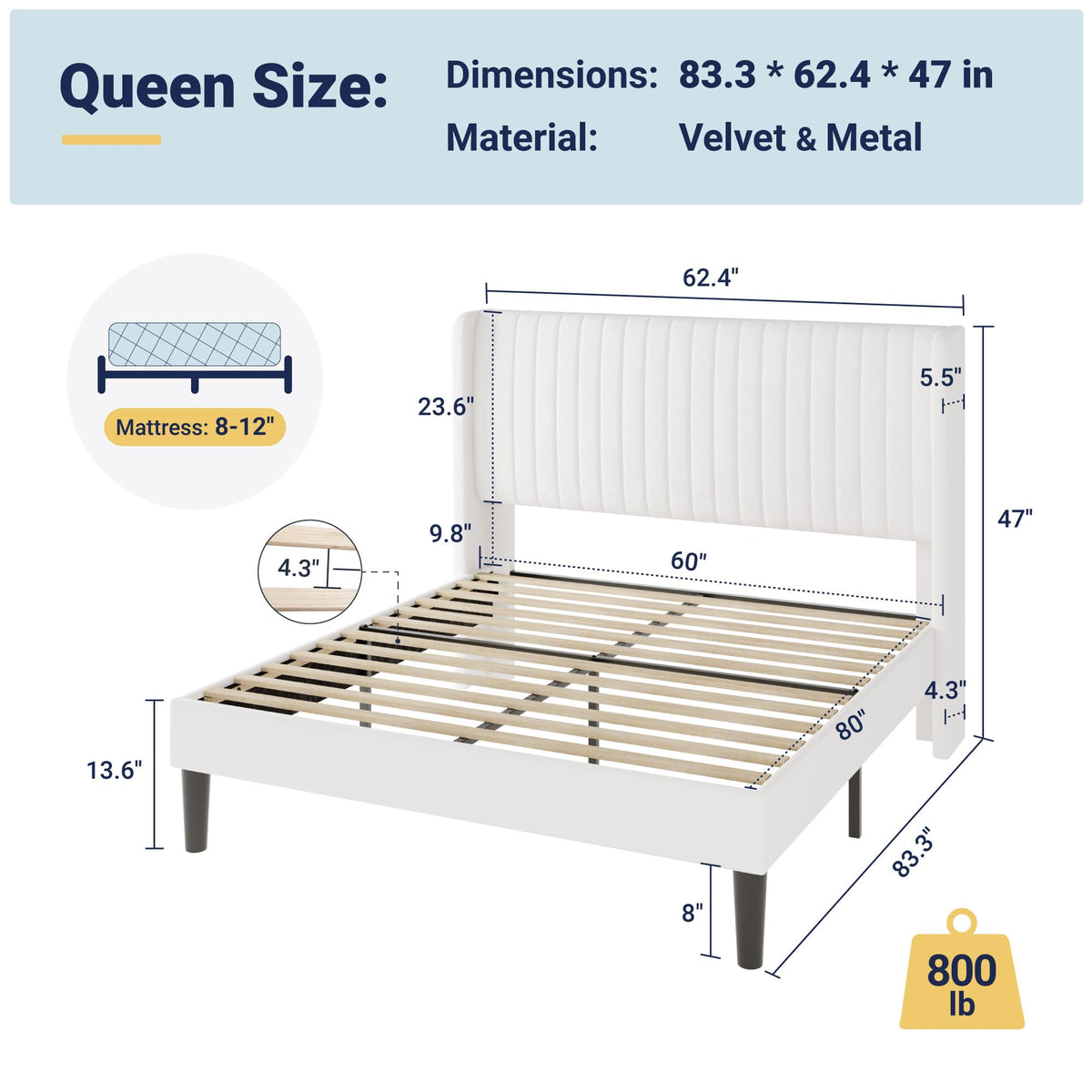 Queen Size White Velvet Upholstered Platform Bed N32216