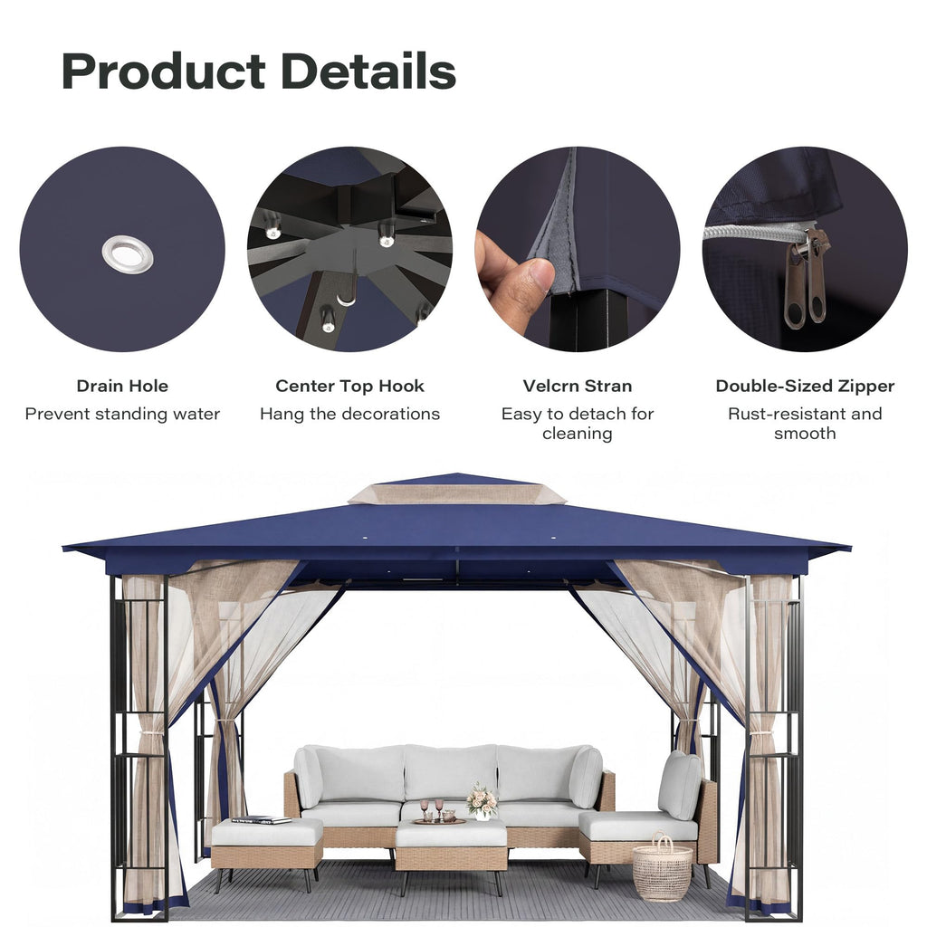 13' x 11' Navy Blue Outdoor Patio Gazebo with Mosquito Netting U736