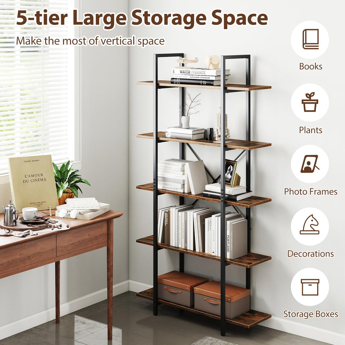 5-Tier Rustic Brown Bookshelf with Metal Frame H64474