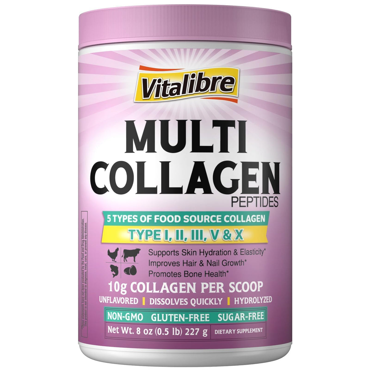 Multi Collagen Peptides Powder Type I II III V X Unflavored 8oz Q807