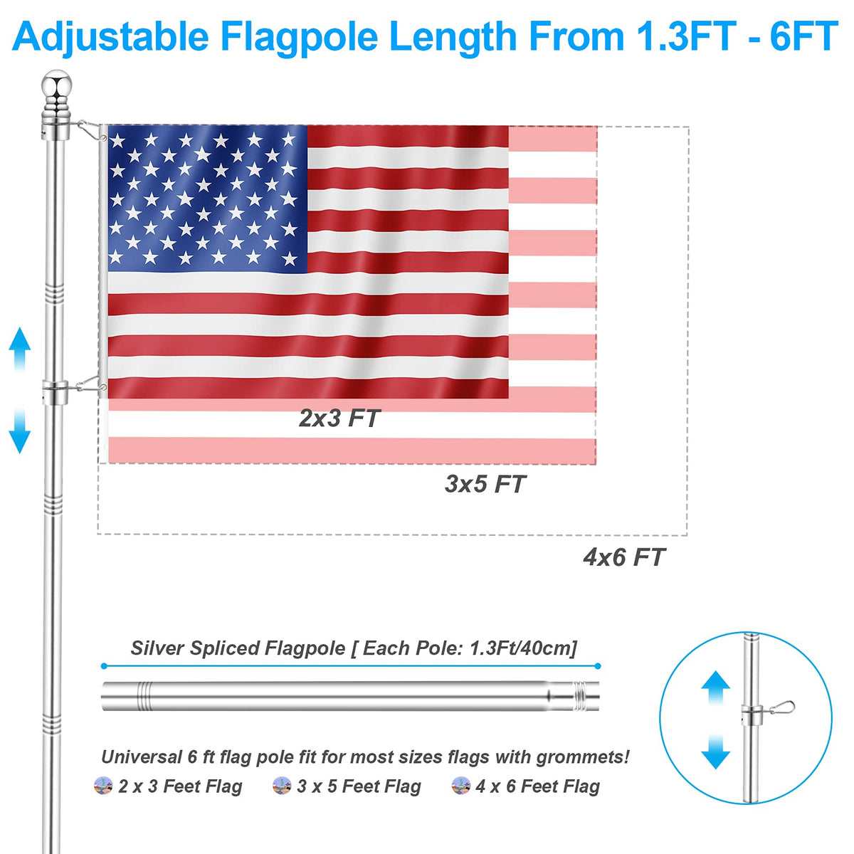 6 FT Metal Flagpole Kit and Stainless Steel Flagpole Clips W625